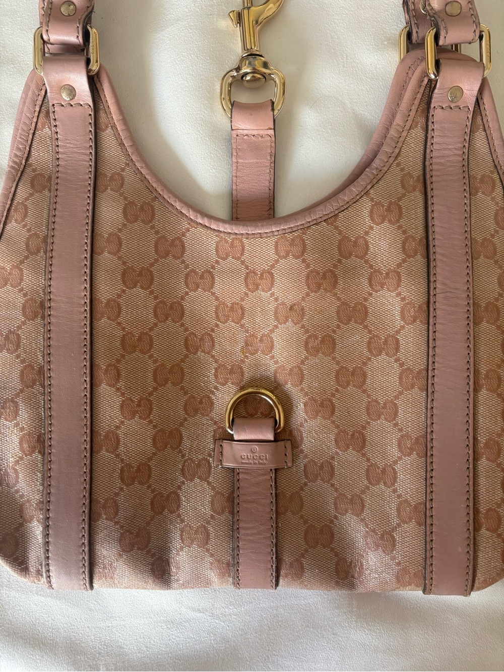 Gucci Jackie Beige/Pink GG Coated Canvas Shoulder Bag with Pink Leather Trim - Picture 12 of 15
